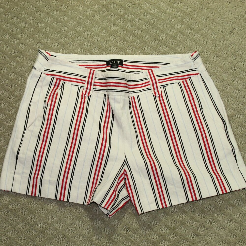 Loft Size 6 Red White Blue Striped Twill Mid Rise 3" Inseam Side Zip Shorts